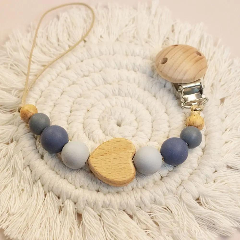 High Quality Silicone Pacifier Clips Lightweight Anti-drop Teether Teething Wooden Gift Pacifier Holder Chain Newborn