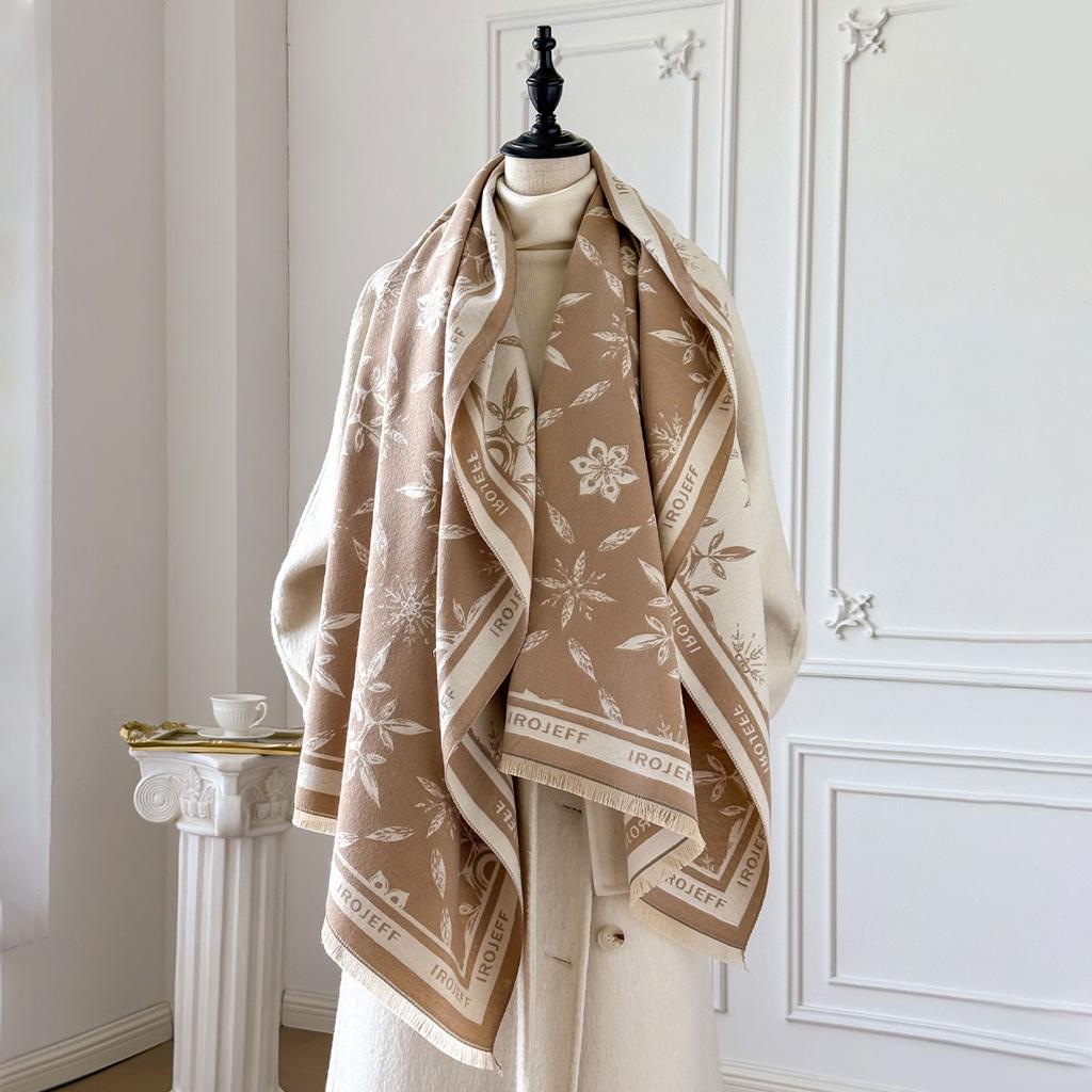 Elegant Jacquard Design Scarf Imitation Cashmere Soft Warm Fringe Shawl Autumn Winter Coldproof Windproof Blanket Scarf