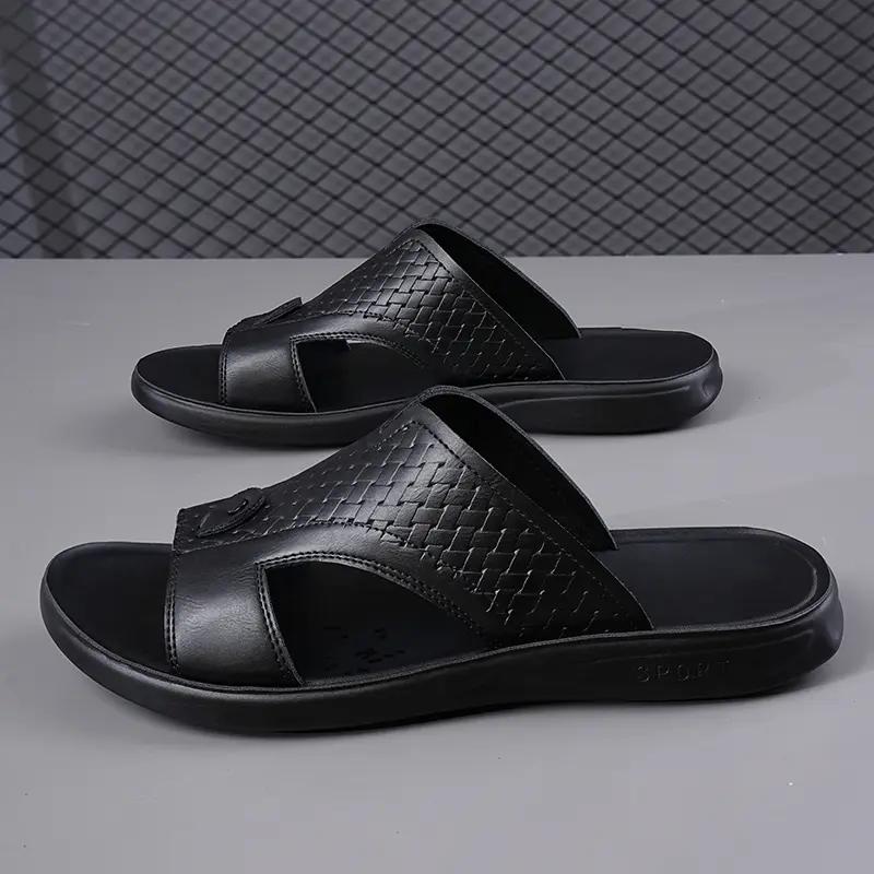 Мужские кожаные сандалии с ремешком между пальцами, повседневные, нескользящие, с плетеным узором, уличные шлепанцы 38 чёрный