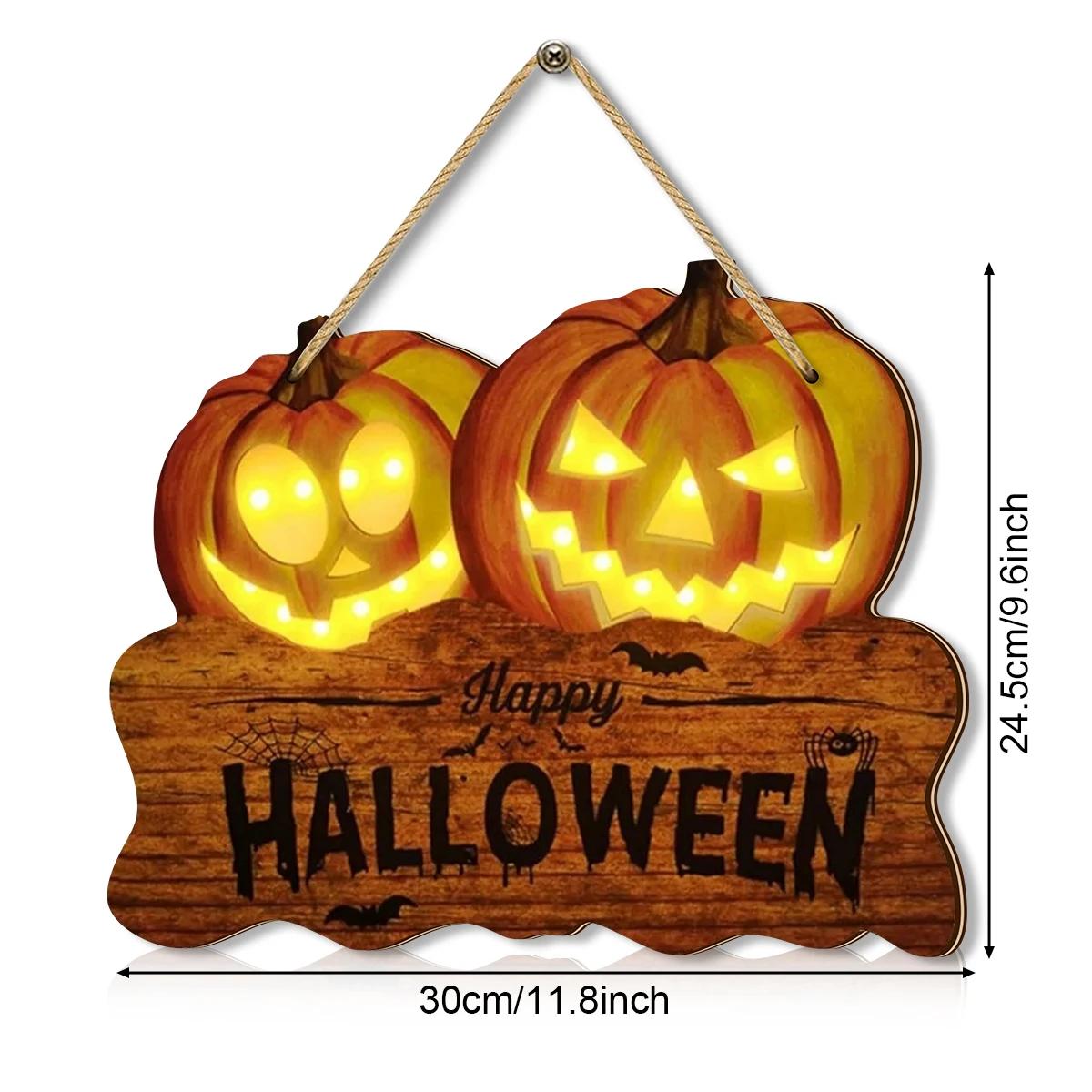 

Light up the wooden Halloween sign with two jack-o -lantern pumpkin lanterns for festive home decoration оранжевый