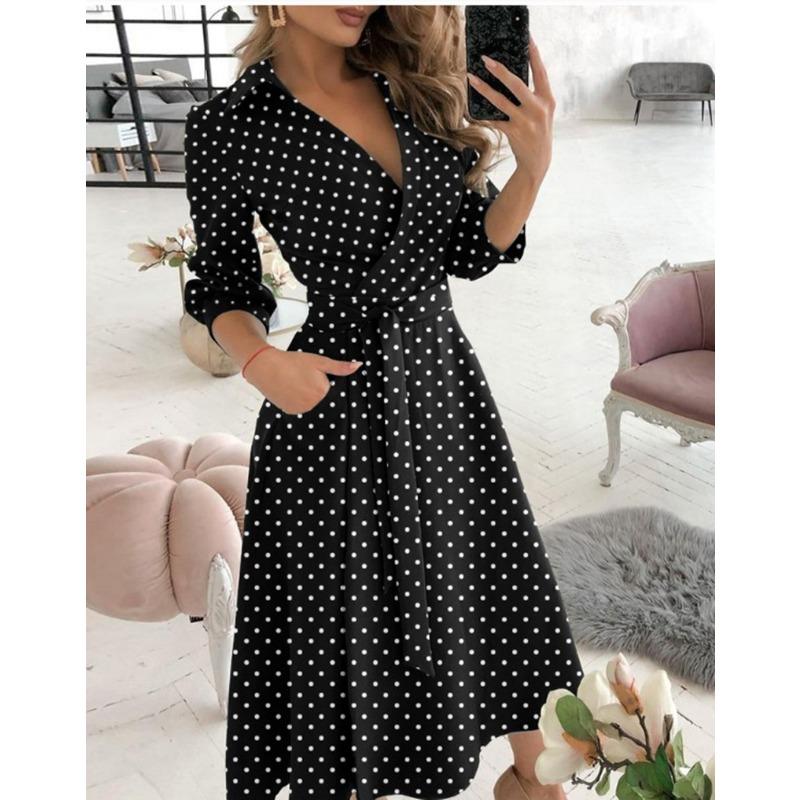 Abiti casual da donna, moda estate primavera, manica lunga, collo a polo, vita media