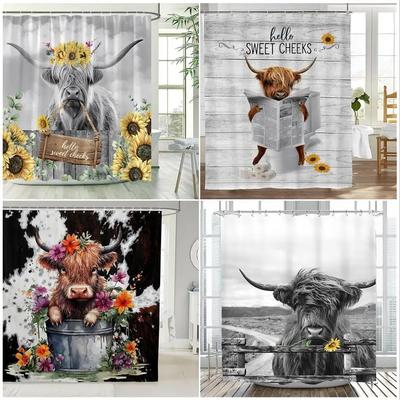 Rideau de Douche Vache Highland Drôle Animal de Ferme Tournesol Fleurs Aquarelle Décor de Salle de Bain en Tissu Polyester Ferme avec Crochets