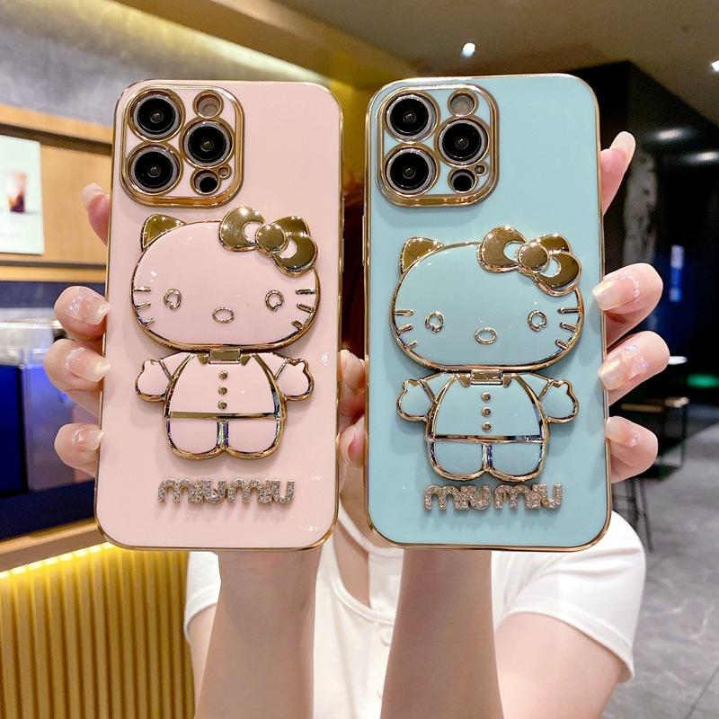Applicable To Apple 17KT Cat Makeup Mirror Mobile Phone Case iPhone16Pro Bracket 15 Electroplating 14 Fashion Soft