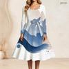 Plus Size Women Square Neck Long Sleeve Blue White Printed A Line Dress With Belt