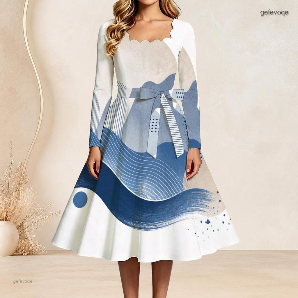 Plus Size Women Square Neck Long Sleeve Blue White Printed A Line Dress With Belt