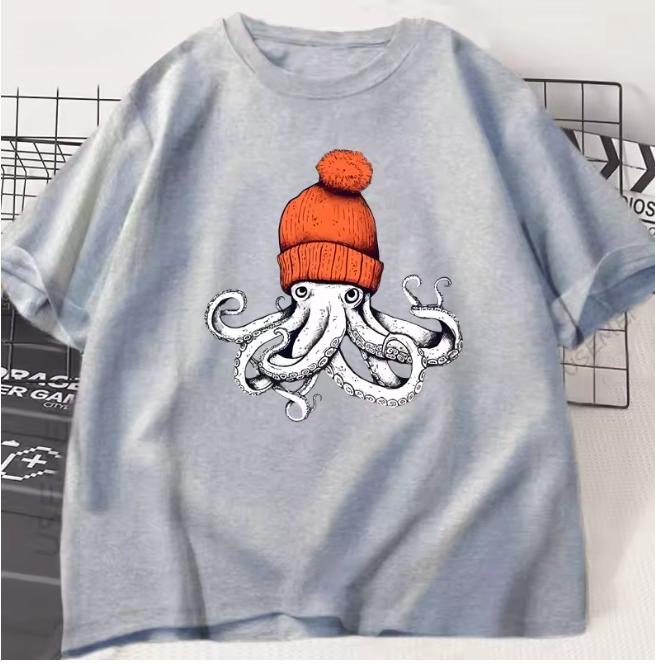 Octopus Orange Beanie Cotton TShirt Japanese Style Graphic Tees Casual Cotton Short Sleeve Round Neck Tshirts Unisex Clothe