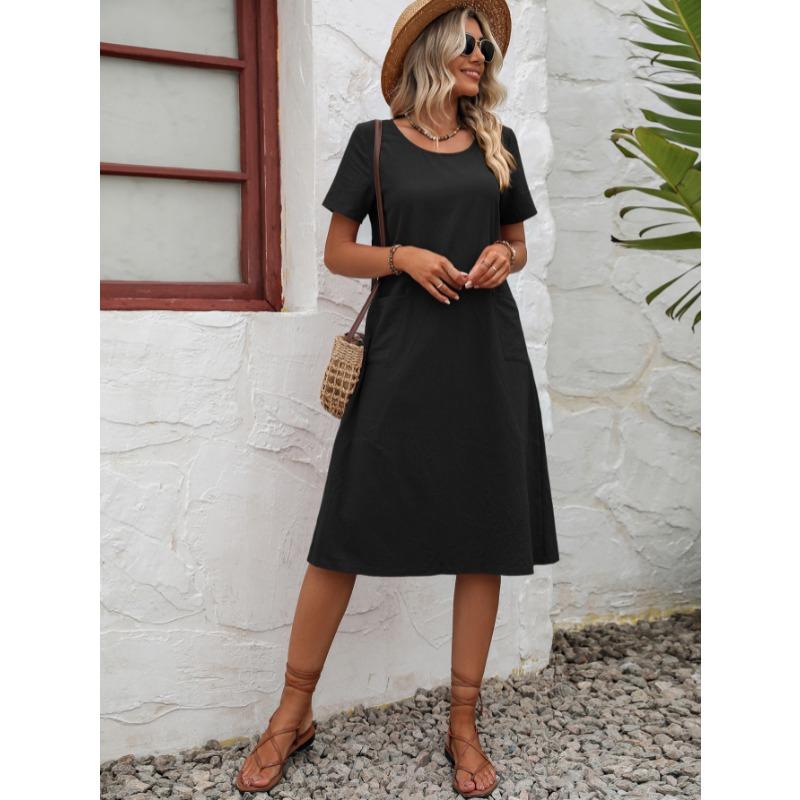 Fashion Loose Round Neck Short Sleeve Dress Pockets Solid Color Casual A-line Summer Dress Party Sweet Casual Simple Clothing