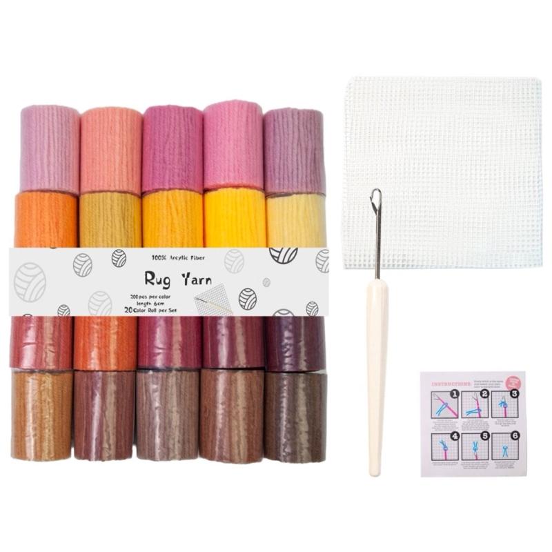 20 Color Acrylic Yarn Set With Latching Hook Crochet Needle Mesh Fabric For Beginner Carpet Making Embroidery Craft