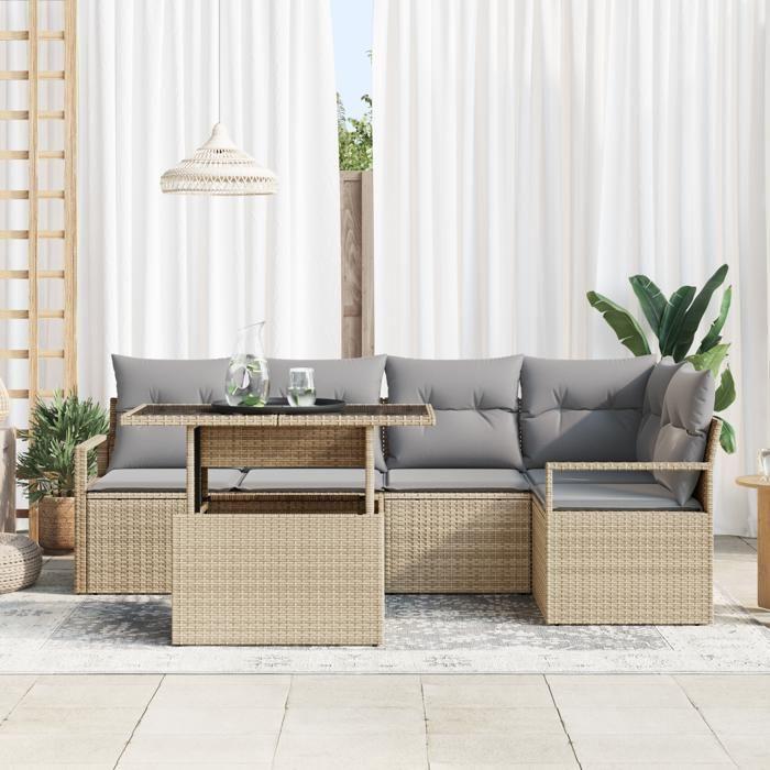 Set de canapés de jardin 6 pièces avec coussins en rotin poly beige, Canapé de jardin 2 places avec rangement et coussins 3357563