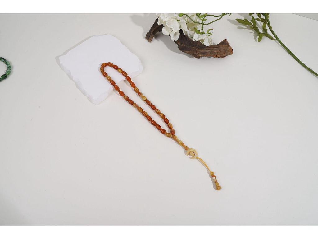 Hand-Knotted Crystal Tasbih: 33 Imitation Amber Beads Bracelet with Star and Moon Charm