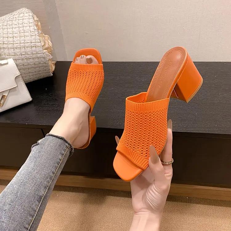 Móda 2024 Pletené vysoké podpatky Pantofle Dámské boty Letní peep toe Společenské sandály Módní Plážové Robustní Chůze Zapatos Femme Lodičky