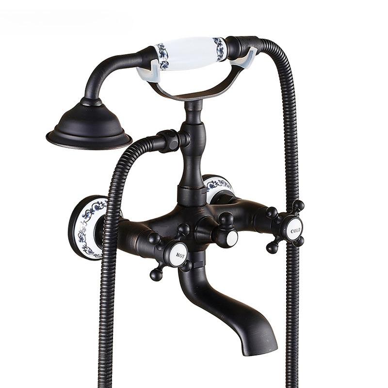 Antique Brass Bathtub Shower Faucet Set Bathroom Dual Handle Wall Mounted Bath Tub Mixer Tap with Handshower and Swivel Spout