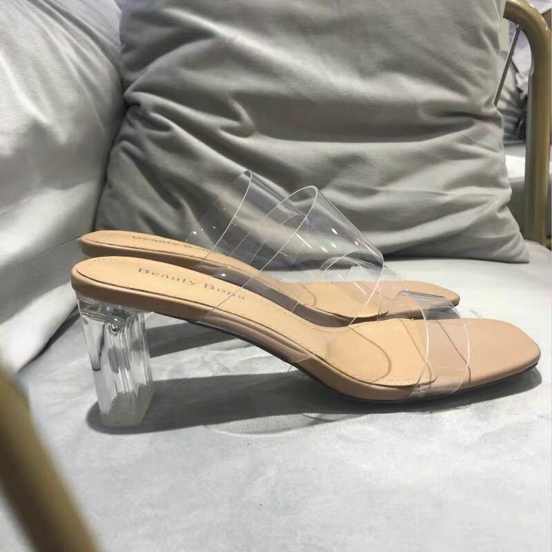 Fashion Summer Women Pumps Sandals 9cm Jelly Slippers Sexy Open Square Toe High Heels Women Transparent Slippers Shoe Heel Clear Sandals