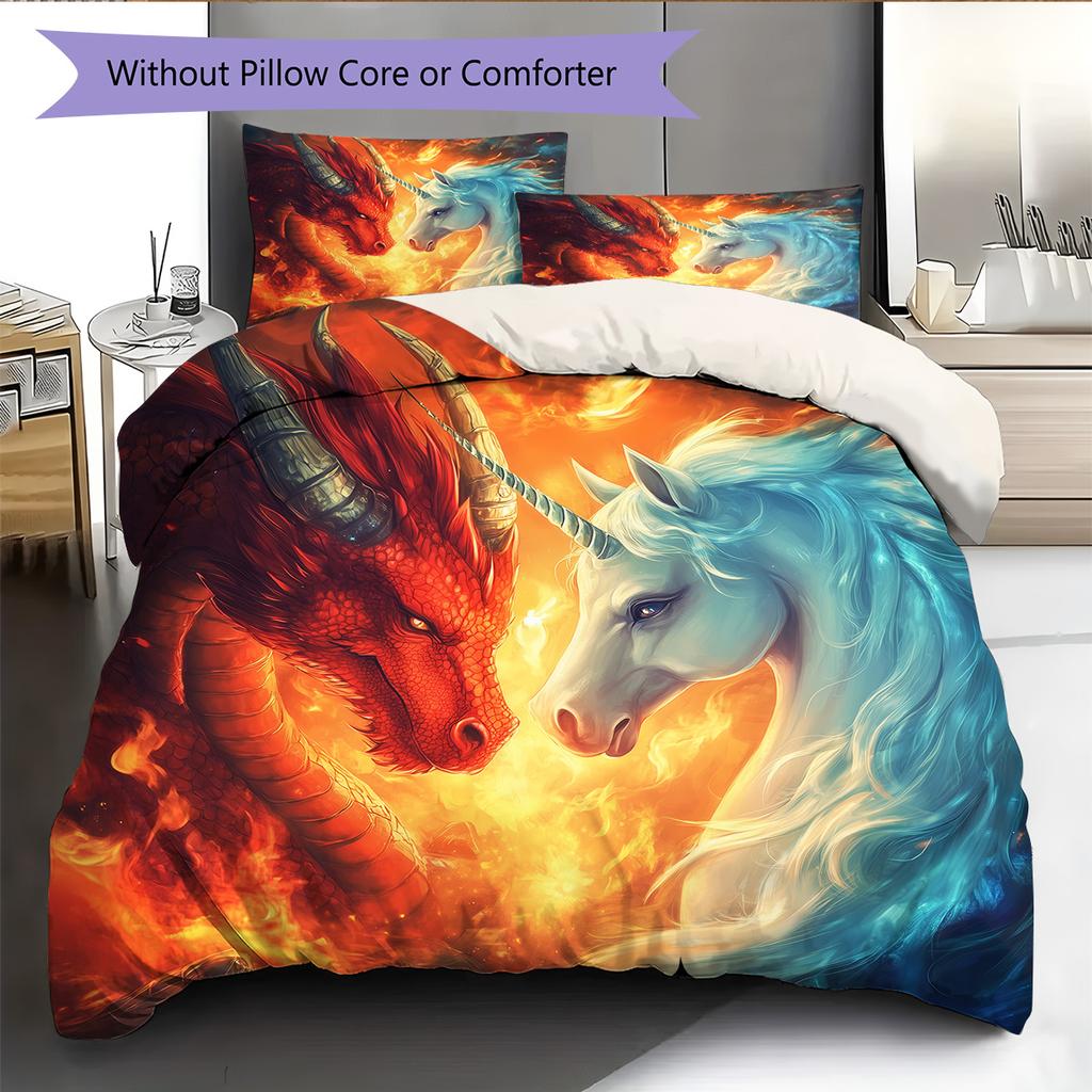 Dragon and unicorn Pattern Bedding Quilt Set Quilt Cover Pillowcase Home Decoration Gift (1 * duvet cover + 2 * pillowcase, without core)