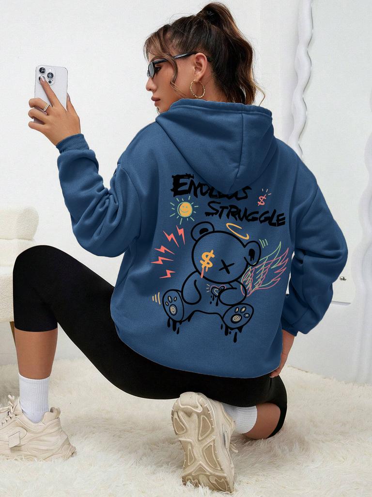 Graffiti Little Bear With Wings Print Hoodies Women Autumn Casual Hoodie Street Fashion Hoody Autumn Warm Fleece Pullover Female