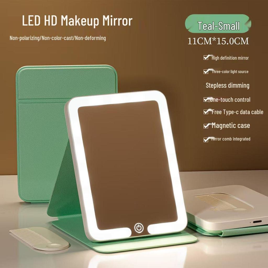LED Folding Makeup Mirror with Comb – Compact, Lighted, and Convenient for Desktop Use