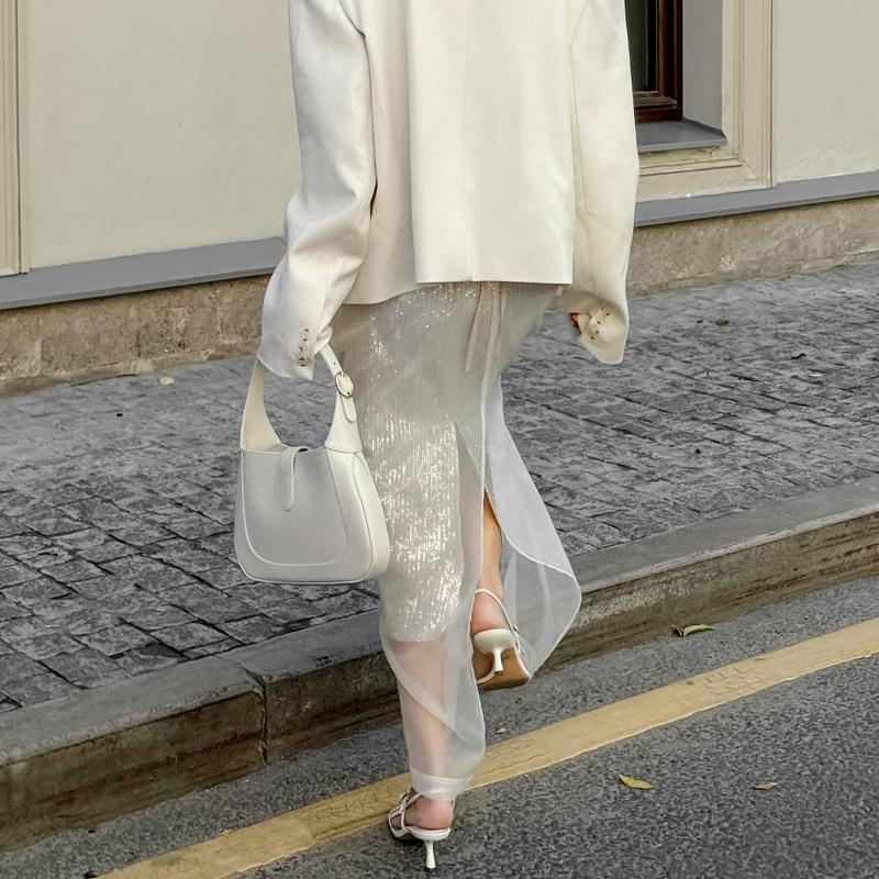 Fustă Sexy din Plasă Transparentă Femei Alb Talie Înaltă Fantă Largă Fuste Lungi Toamnă Modă de Stradă Club Petrecere Fustă Femeie