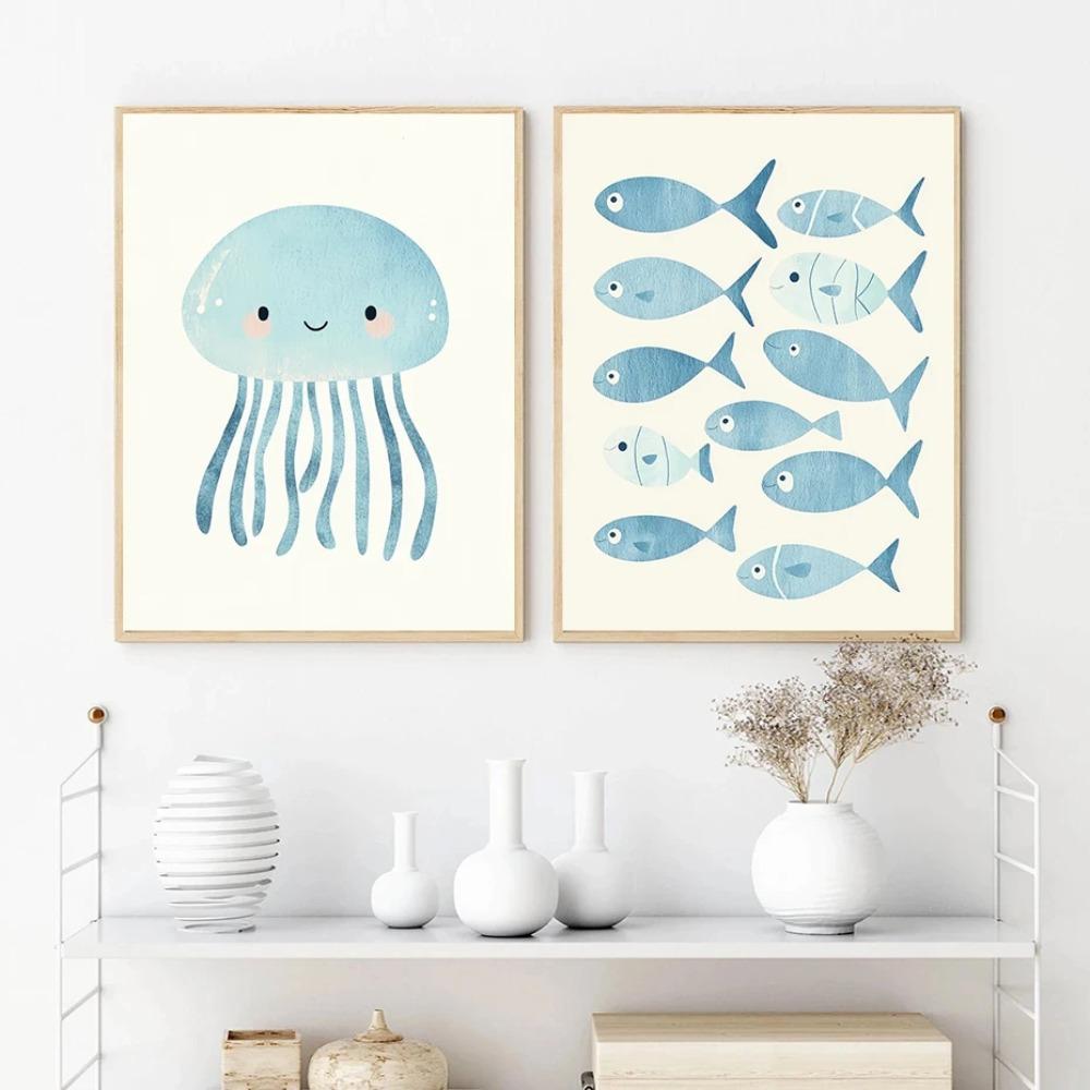 Cute Ocean Animals Watercolor Poster Minimalism Beach Octopus Whale Prints Canvas Painting Wall Art Picture Home Kids Room Decor