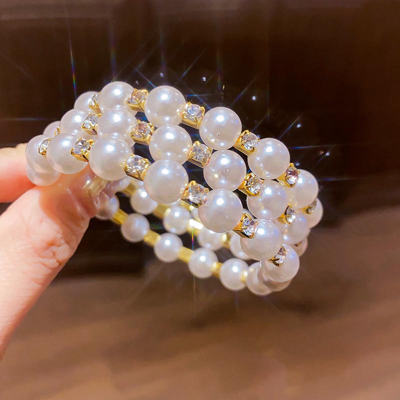 Retro French-Style Diamond and Pearl Open Bangle Bracelet