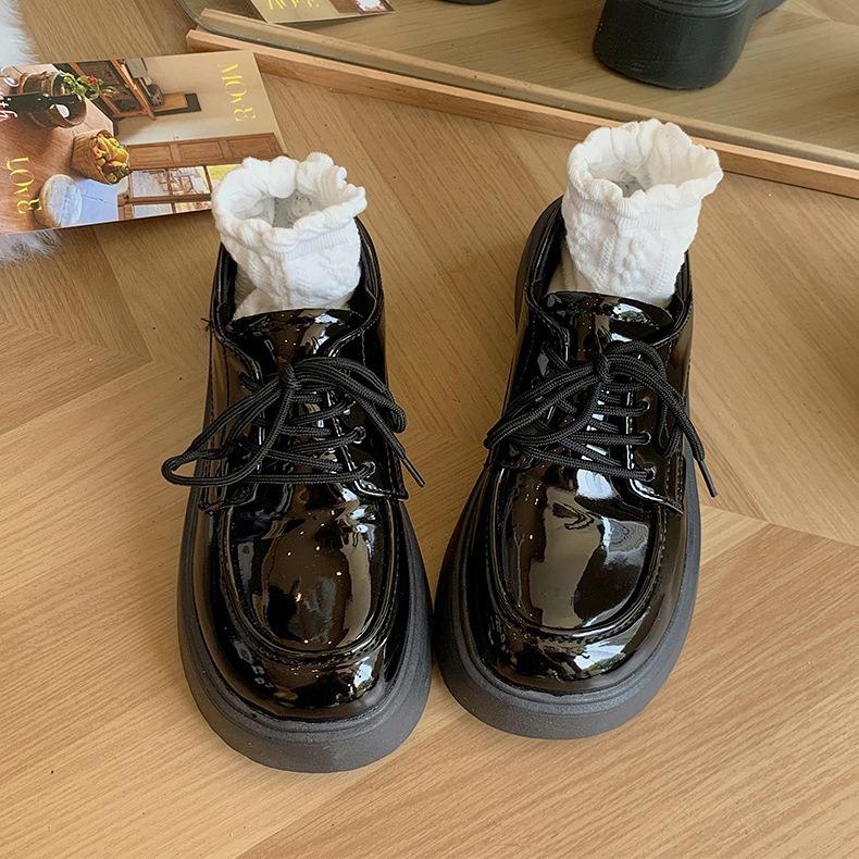 Retro style small leather shoes women's new round head versatile black platform loafer single shoes