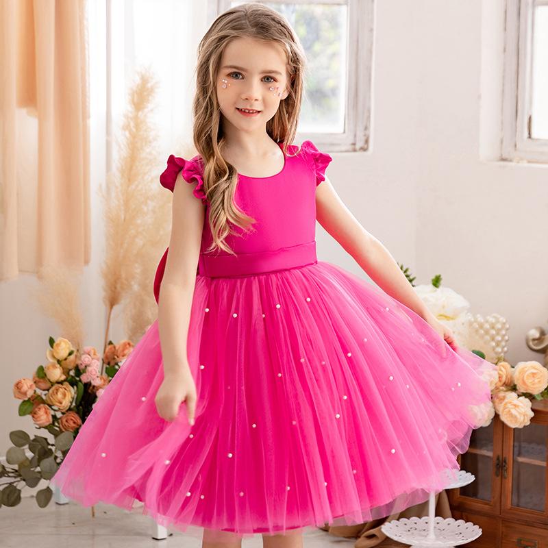 Girl Princess Dress Red Christmas Princess Dress Cute Girl Birthday Party Tutu Gown Newborn Backless Bow Beading Xmas Costume