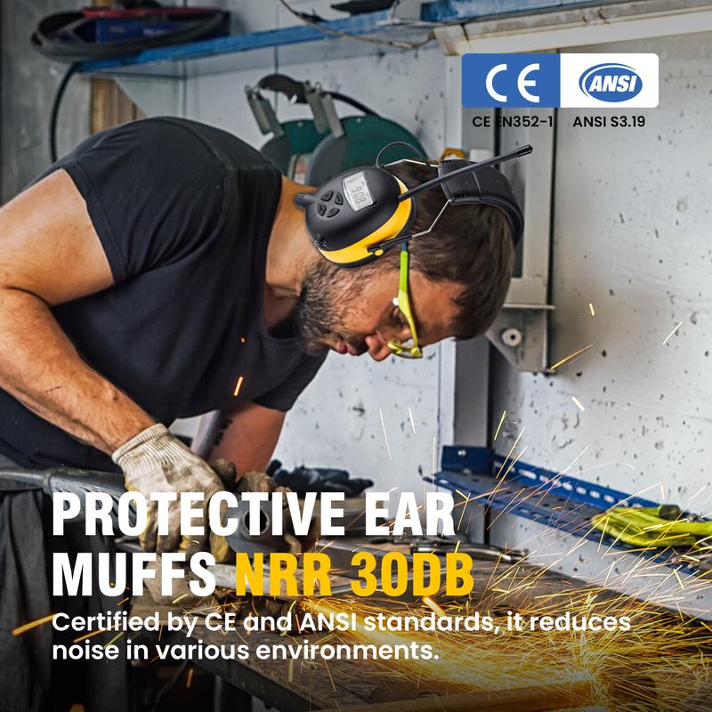 Professionelle Bluetooth 5.3 Gehörschutzkapseln - 30dB NRR mit AM/FM-Radio für Rasenmähen, Werkstätten, Industriellen Einsatz