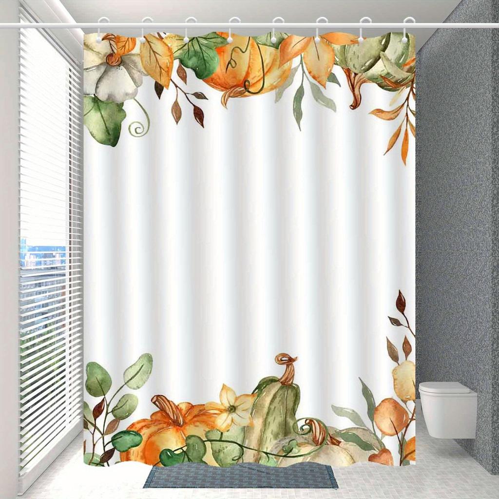 Minimalistischer Herbstkürbis Duschvorhang, Elegant & Beschlagfrei, Polyester, Lebendiges Herbstlaub-Design, Haken Inklusive