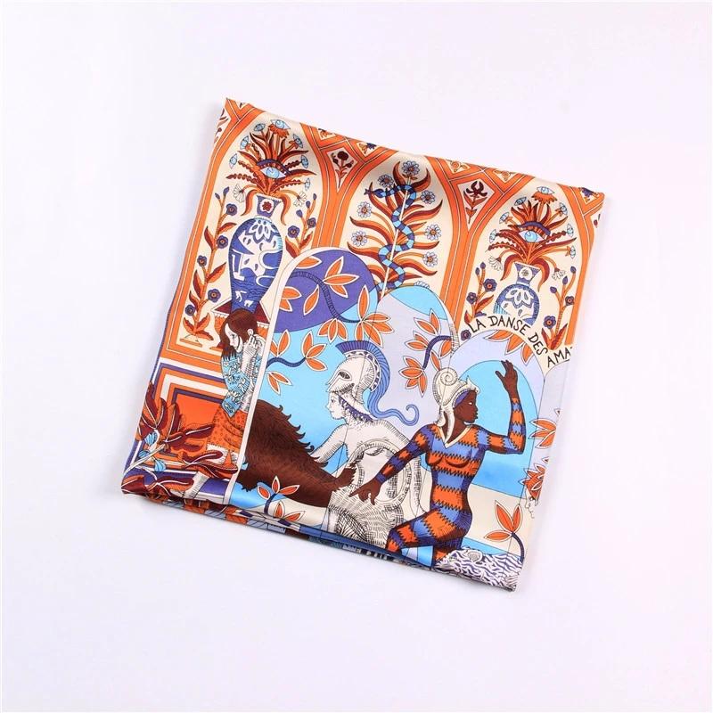 Manual Hand 90cm Rolled Twill Silk Scarf Women Palace Print Square Scarves Wraps Echarpe Curled Foulards Femme Bandana Hijabs
