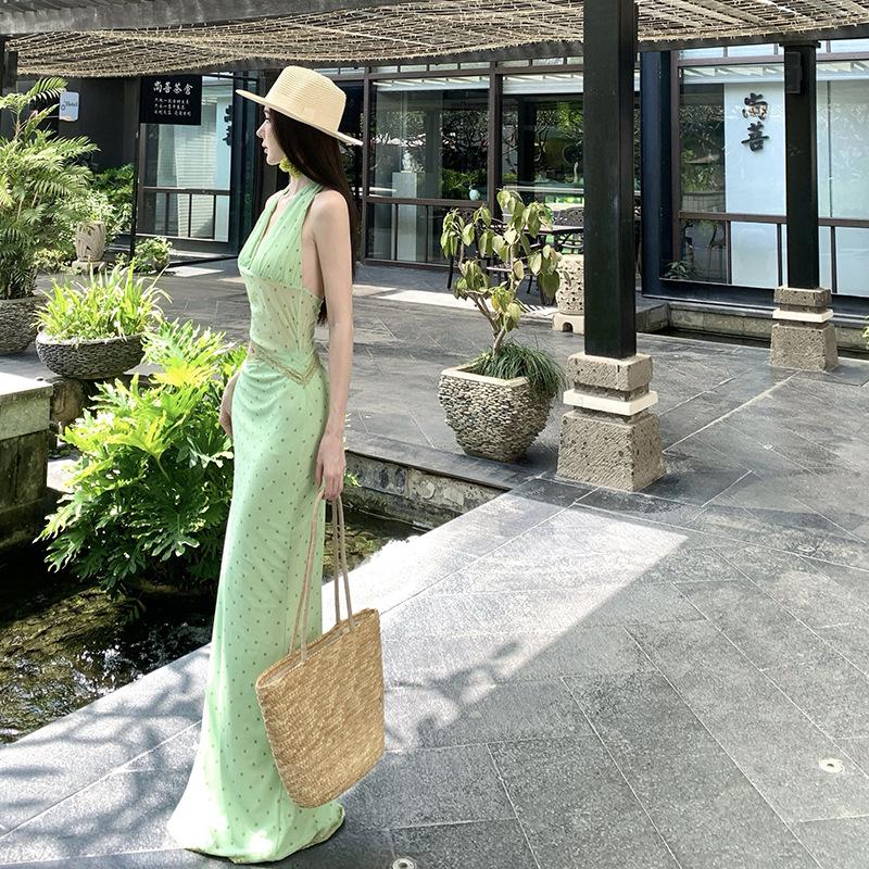 Green field polka dot dress French cold sense matcha green polka dot mesh cut slim dress
