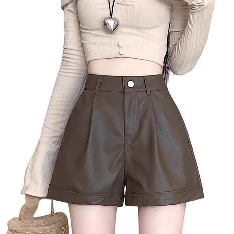Women's High Waist PU Leather Shorts: Slim, Casual, Wide-Leg Design for Spring, Autumn, and Winter.