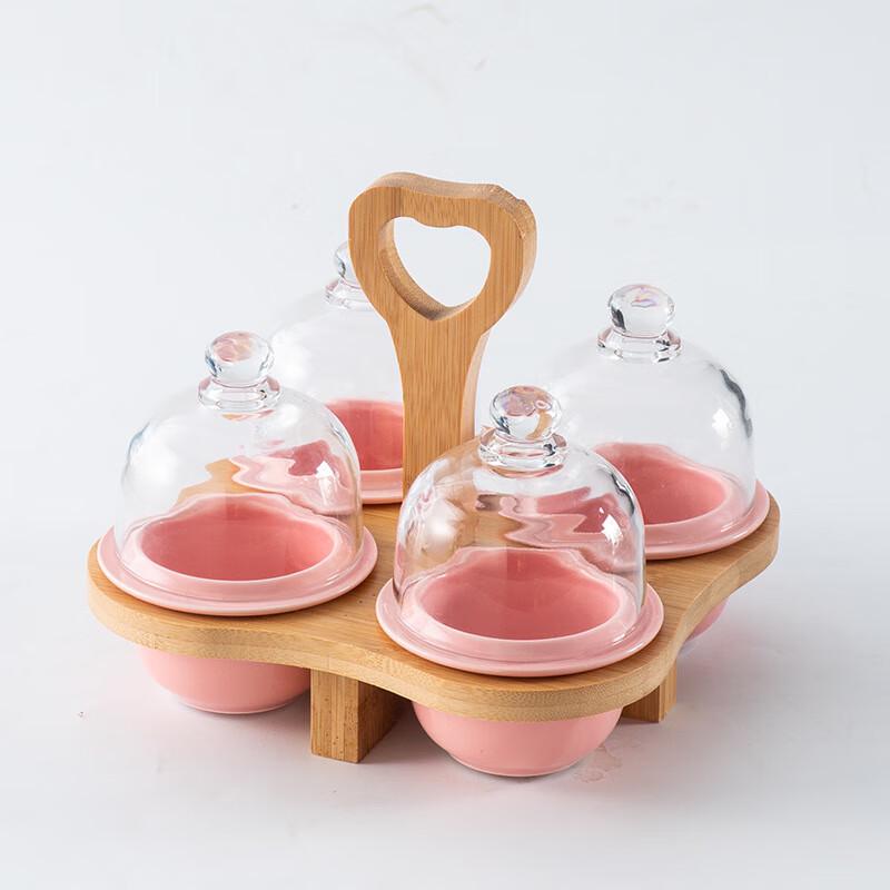 Qianxing Pink Ceramic Dessert Bowl Set with Bamboo Stand