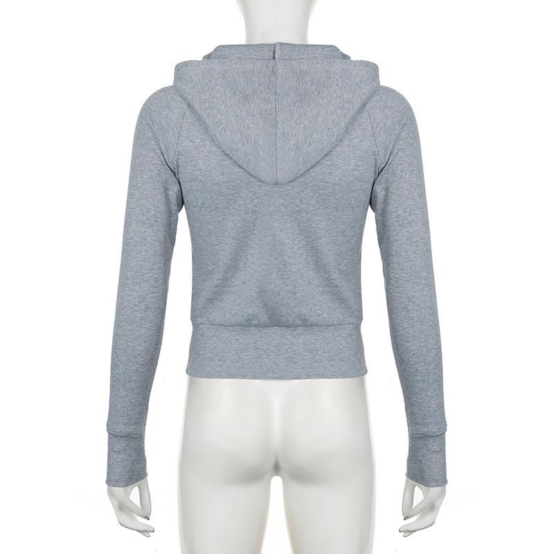 Gray Street Style Zip Up Hooded Sweatshirt Slim Fit Women S Casual Top