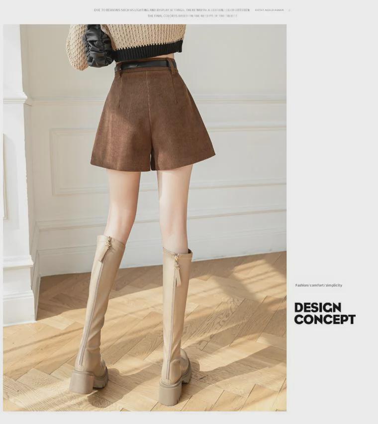2023 Autumn/Winter Women's Plus Size High Waist Corduroy A-Line Wide-Leg Pleated Shorts