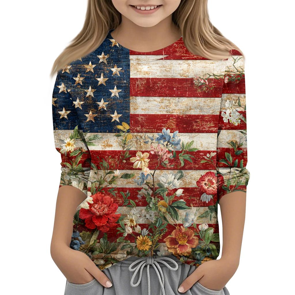 Children's 3/4 Sleeve Tops Casual Print T Shirt Round Neck Pullover Blouse