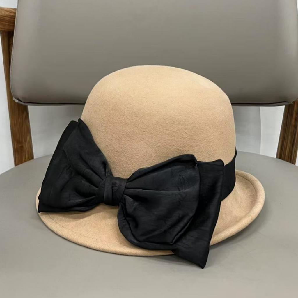 Light Luxury French Fashion Curling Top Hat Women's Elegant Bow Wool Bucket Hat Women's Autumn and Winter Temperament Foreign Gas Basin Hat