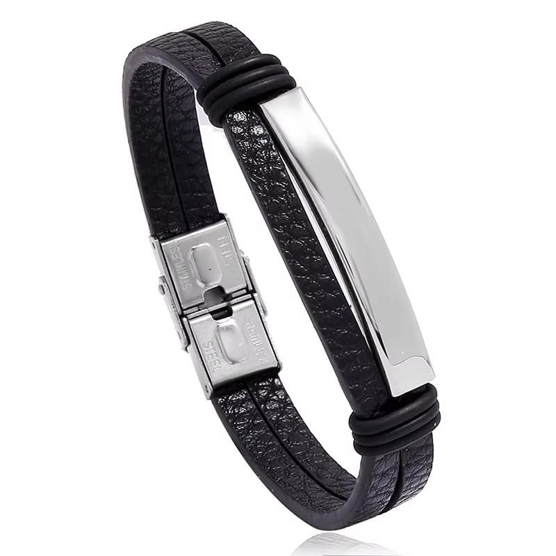 Simple Blank Stainless Magnetic Buckle Design Black Faux Leather Sporty Bracelet чёрный