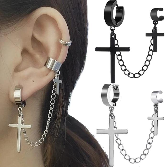 Punkové náušnice s krížom a strapcami pre ženy, integrované náušnice so zapínaním na klip, kresťanské, gotické, hip hop šperky, náušnice s kovovou retiazkou, náušnice pre mužov