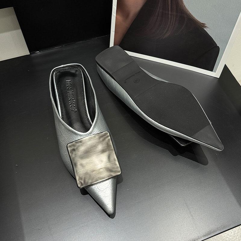 Mode Mode Metall Kvinnor Ballerinaskor Tofflor Skor Mules Sandaler Vår Sommar Strand Kvinnliga Slides Spetsig Tå Damer Ballerinaskor Tofflor Skor