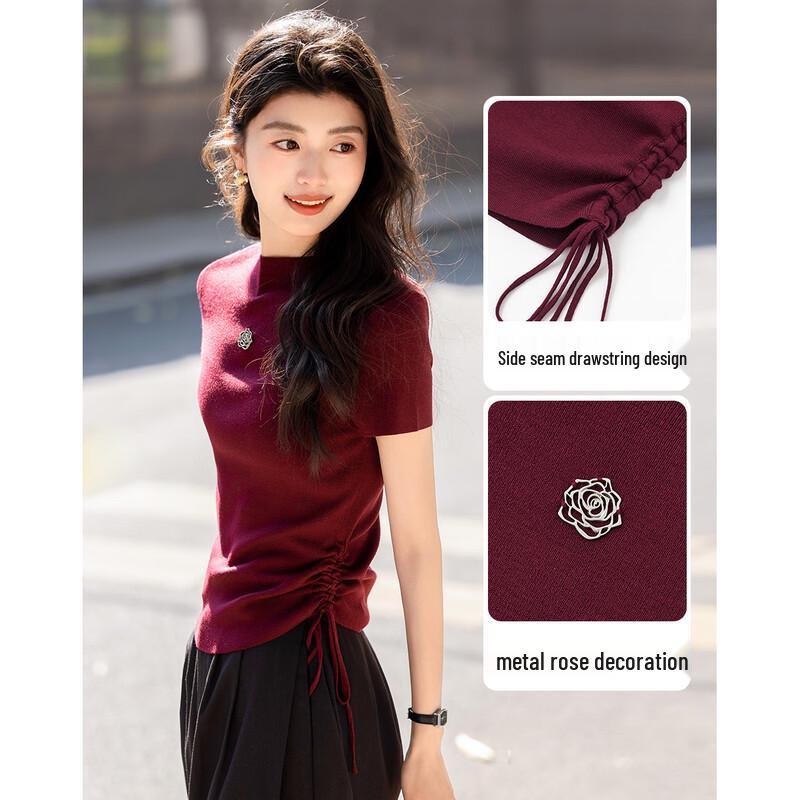 Demana Women's Rose Metallic Knit Top with Side Drawstring & Semi-High Neck