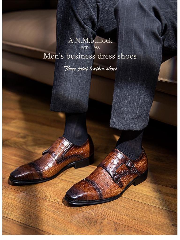 Men's Genuine Leather Slip-On Monk Shoes - Square Toe Business Casual