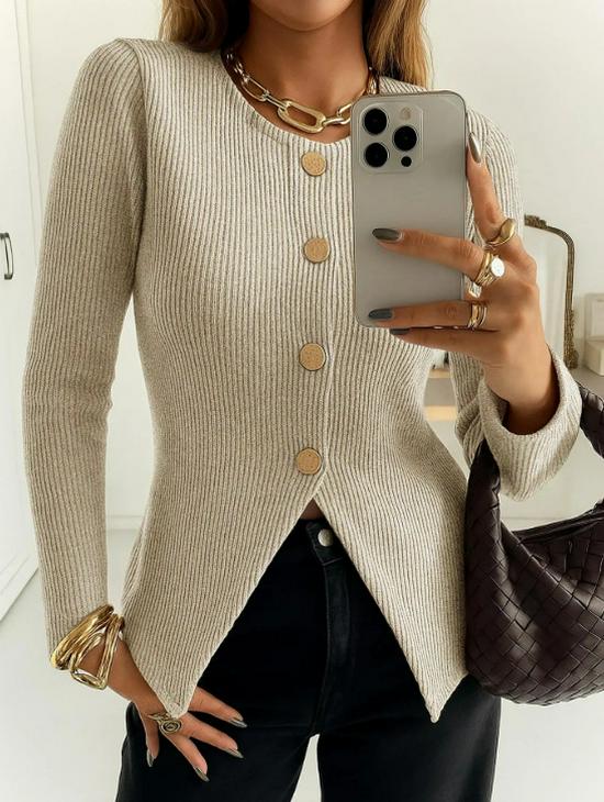 

2025 Autumn European-Size Crew Neck Long Sleeve Slimming Versatile Top XL абрикосовий