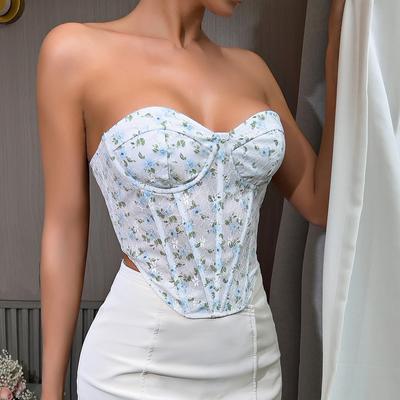 Casual Strapless Flower Tank Top Printing Crop Top Women Summer Steel Ring Diamond-shaped Camis Fishbone Camisole Fashion Tube Female Sleeveless Vest