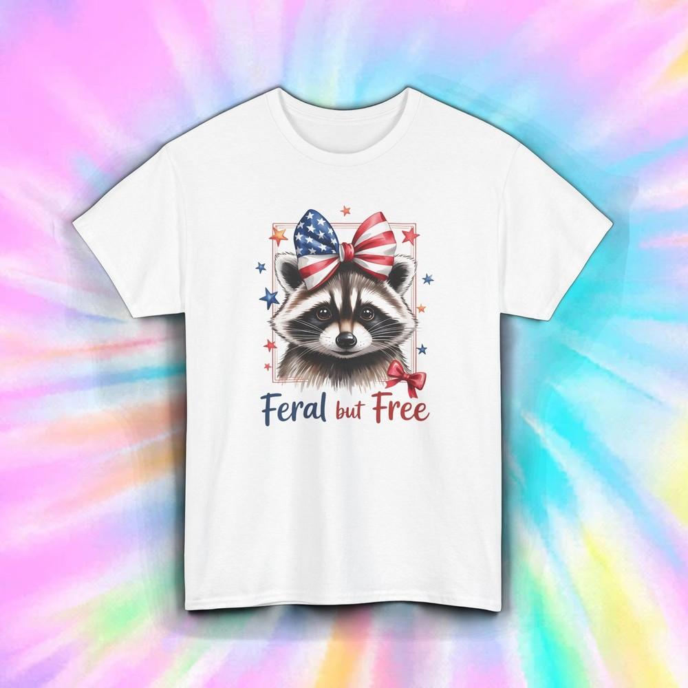 

Feral But Free Raccoon Shirt | Funny Patriotic USA Flag Bow Graphic Tee M