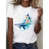 Watercolor Flower Whale Print Women Casual T-Shirt Blue Ocean Animal Graphic Short Sleeve Tee for Daily Use