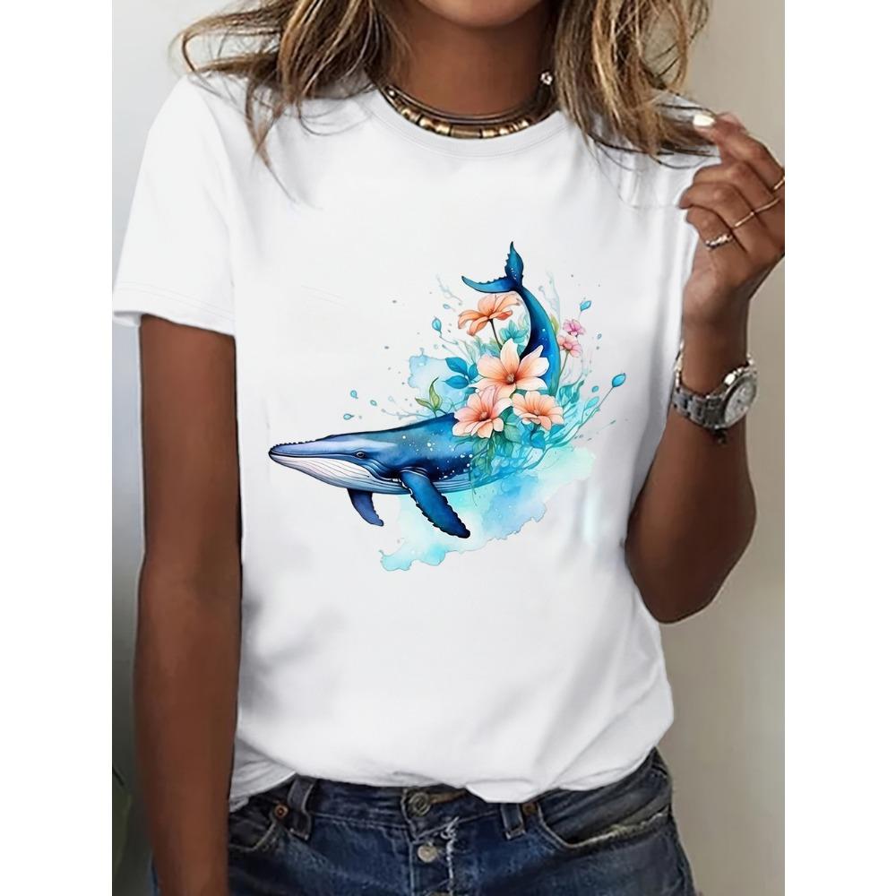 Watercolor Flower Whale Print Women Casual T-Shirt Blue Ocean Animal Graphic Short Sleeve Tee for Daily Use
