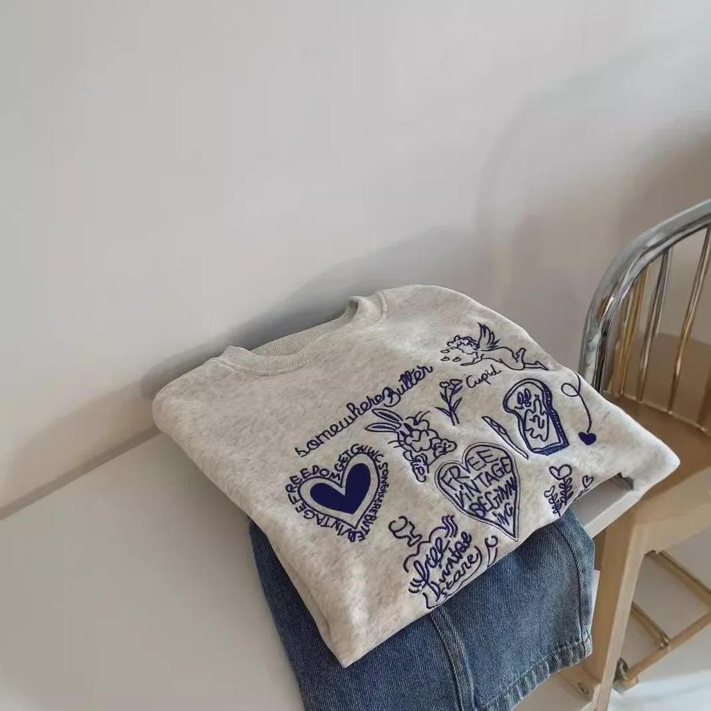 Autumn '24 Embroidered Love Rabbit Sweater - Long Sleeve, Small Round Neck Pullover