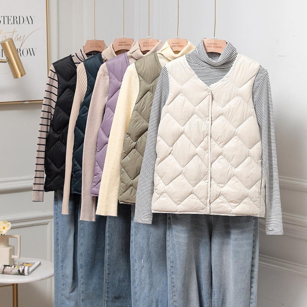 Women's V‑Neck Sleeveless Quilted Down Vest Loose Lightweight White Duck Down Inner Waistcoat Short Outer Gilet