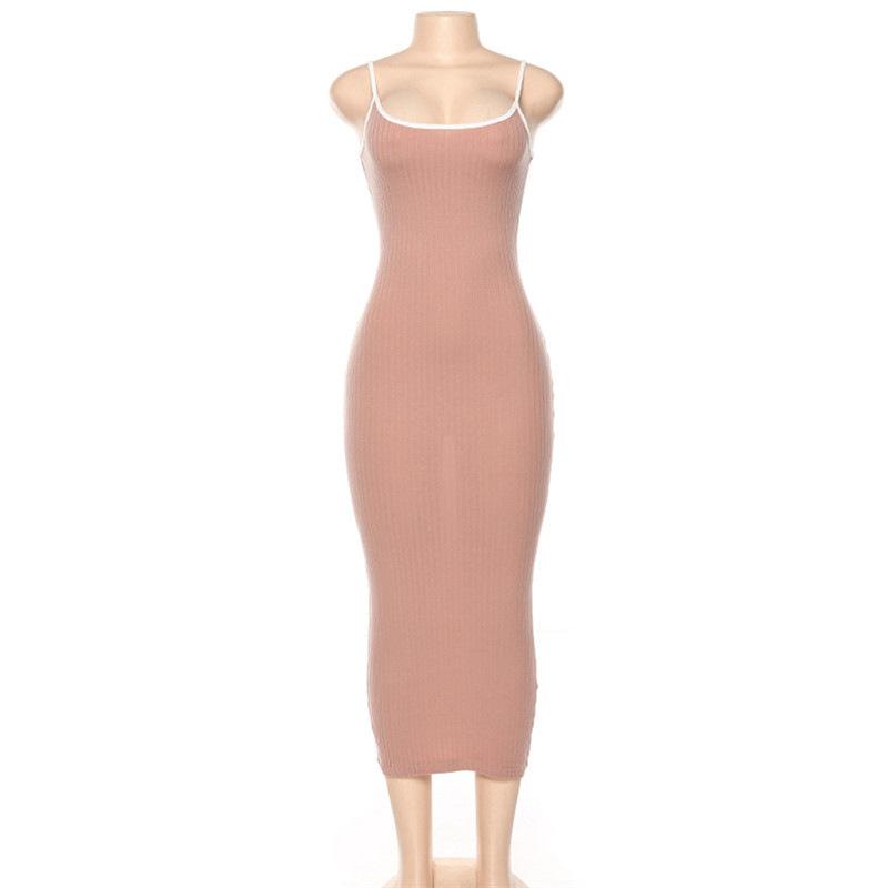 Women's Summer New Sexy Solid Color Spaghetti Strap Midi Dress Backless Slim Fit Ribbed Knit Bodycon Dress for Party Club Daily Wear