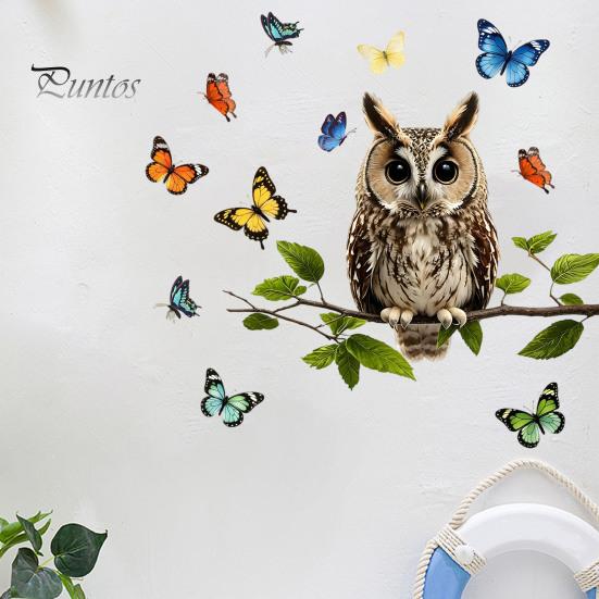 Pastoral Style Wall Mural Owl Butterfly Sticker, Forest Animal Illustration Decorative Decals, Sunproof Outdoor Window Cling Waterproof Removable