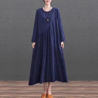 Autumn Art Large Size Loose Long Dresses Splicing Jacquard Cotton Hemp Long Sleeve Dress for Women
